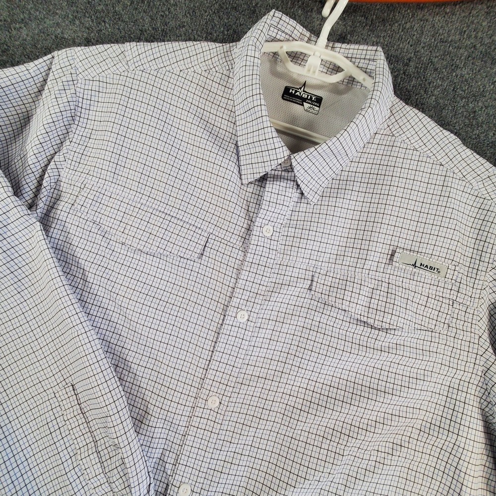 Habit Fishing‎ Shirt Mens 2XL Solar-Factor White Blue Grid Button Down UPF 40+